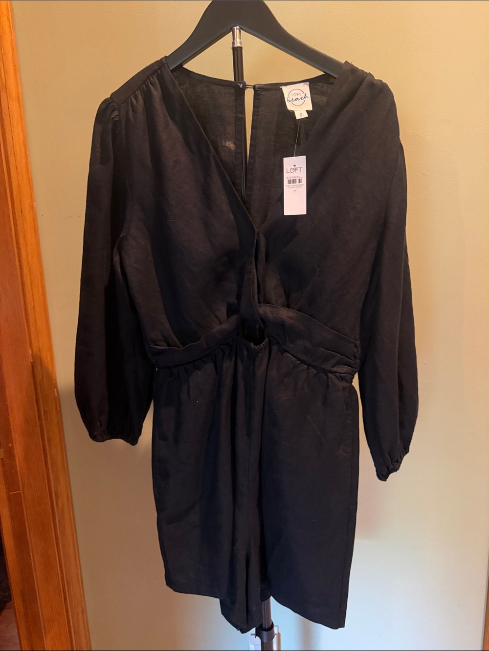 LOFT Black Linen 3/4 Sleeve Cut-out Romper